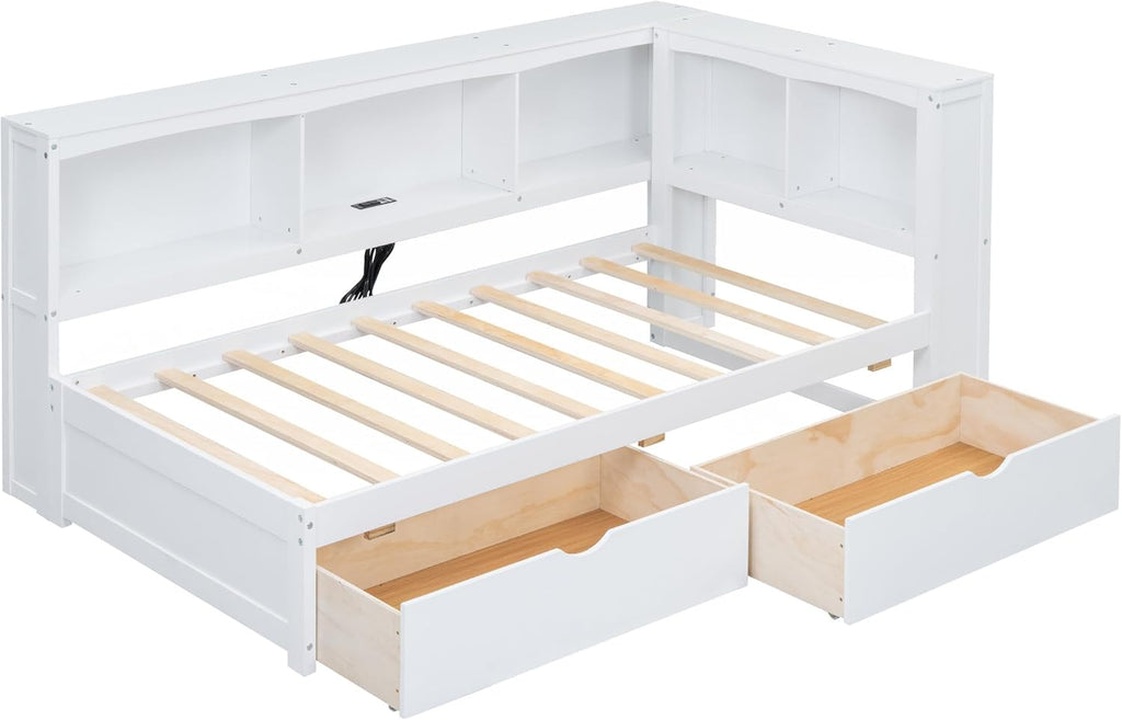Modern Twin Size Daybed with 2 Storage Drawers, Multifunctional Solid Wood Sofa Bed Frame with Storage Cabinets, USB Portsand and Built-In Charging Station for Living Room,Guest Room (White-186J)