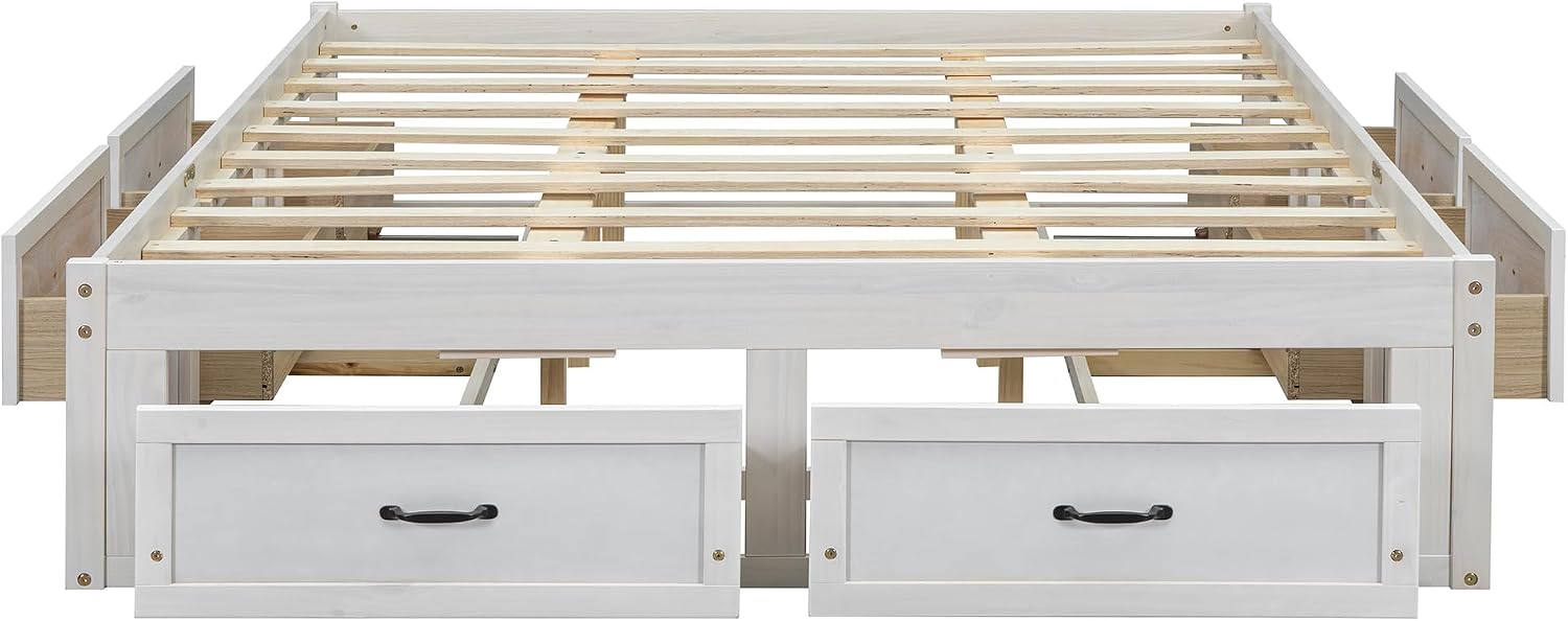 Queen Size Wooden Platform Bed with 6 Storage Drawers, No Box Spring Needed (Antique White, Queen)