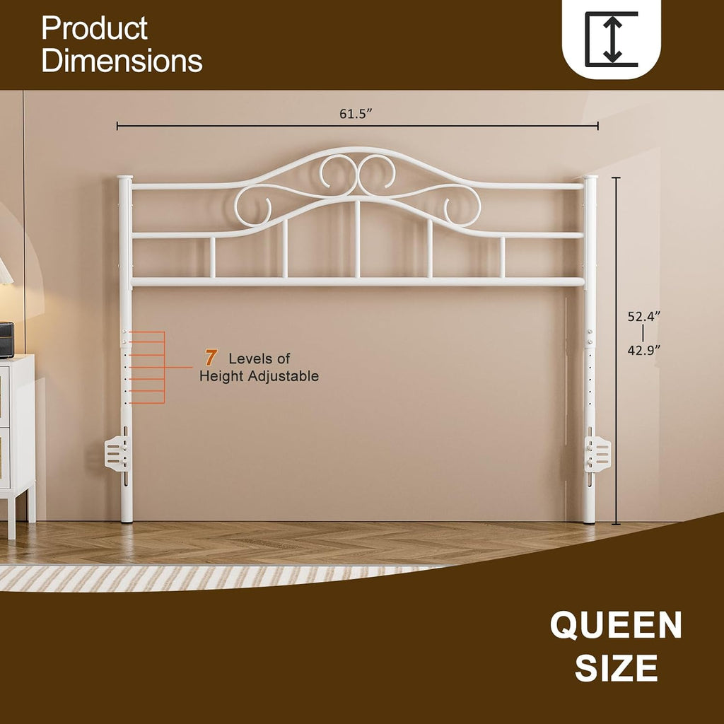 IKIFLY Metal Queen Size Headboard, Adjustable Height, Steel Curved Queen Headboard Only for Bedroom, Farmhouse Scrollwork Design, Attach Frame, Easy Assembly, White