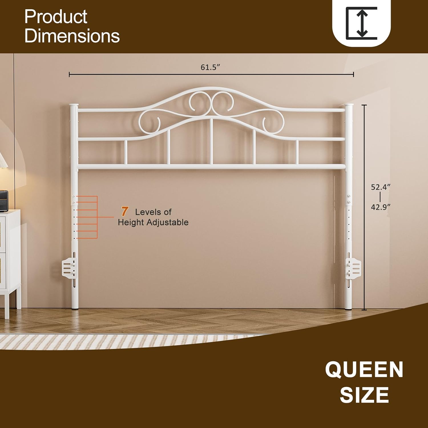 IKIFLY Metal Queen Size Headboard, Adjustable Height, Steel Curved Queen Headboard Only for Bedroom, Farmhouse Scrollwork Design, Attach Frame, Easy Assembly, White