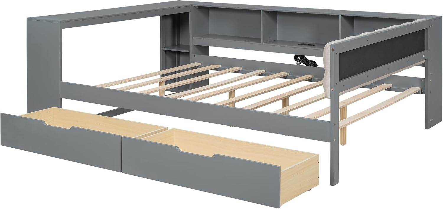 Full Size Platform Bed with Storage Shelves and Study Desk, Wood Daybed Frame with Upholstered Headboard and 2 Drawers for Office/Living Room/Bedroom, Maximize Space