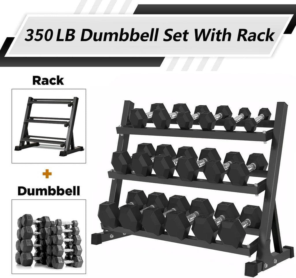Black 350 lbs Hex Weight Dumbbells Sets with Rack10-50 lbs Rubber Exercise Dumbbell Free Weights for Home Gym Weight and Rack with Dumbbells Set 6 Pair