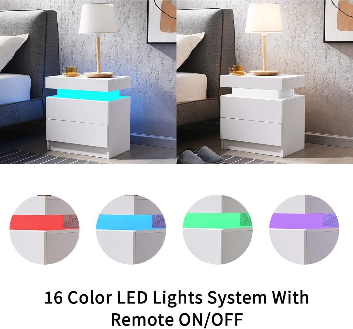 Nightstand LED Lights with 2 Drawers for Bedroom, Smart End Table Short Bedside Tables, Modern Side Table with Storage Small Shelf Stand Cabinet Lights End Side, White