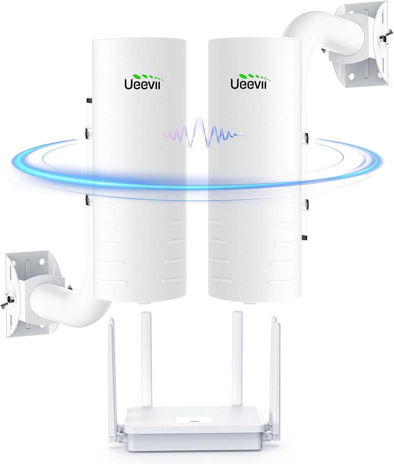 UeeVii Wireless Bridge Point to Point Outdoor CPE452Kit,with AX3000 WiFi Router,Adjustable Pole Mount,5.8G 3KM Range Wifi Bridge PtP/PtMP,Work with Starlink,Extend Network to Barn Garage,24V POE Power