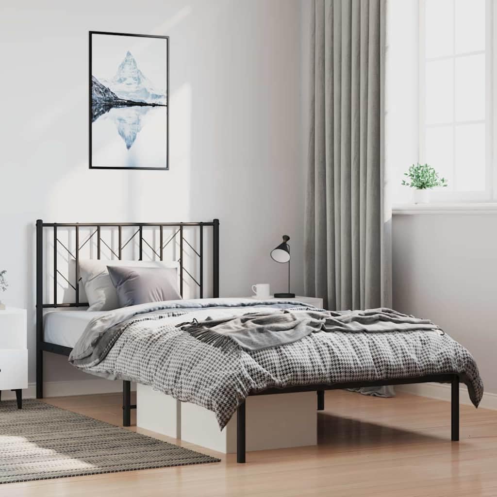 Metal Bed Frame with Headboard Black 39.4'x78.7' Sturdy Steel Platform Bed Frame for Bedroom Underbed Storage Space No Box Spring Needed