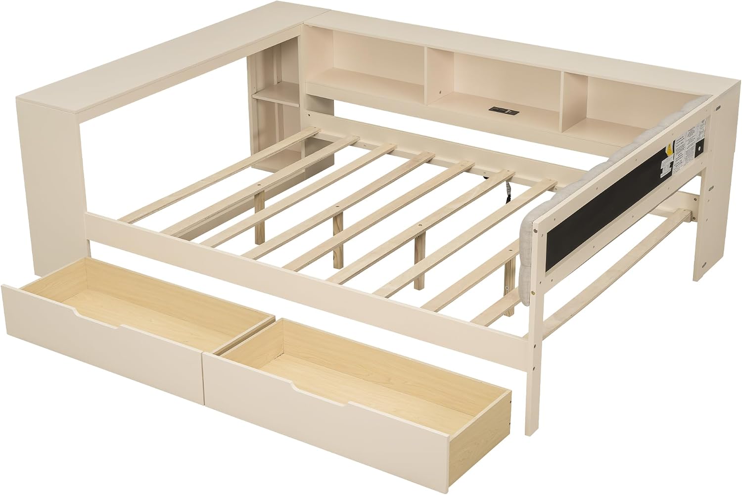 Full Size Platform Bed with Storage Shelves and Study Desk, Wood Daybed Frame with Upholstered Headboard and 2 Drawers for Office/Living Room/Bedroom, Maximize Space