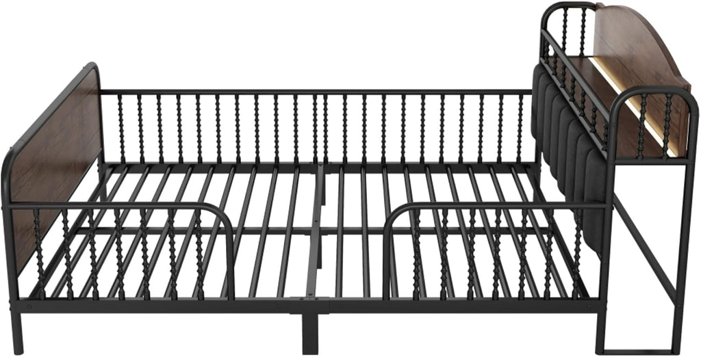 Modern Upholstered Platform Bed Frame with App Controlled LED Lights Storage Headboard Full Length Guardrails Low Profile Design Metal Structure for Bedroom (Black,Full)