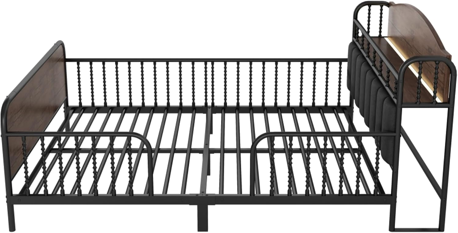Modern Upholstered Platform Bed Frame with App Controlled LED Lights Storage Headboard Full Length Guardrails Low Profile Design Metal Structure for Bedroom (Black,Full)