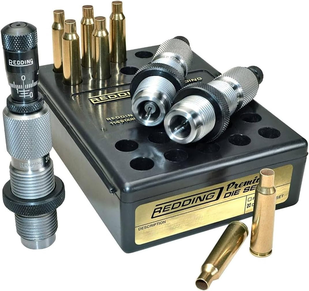 Redding Premium Deluxe Die Set - Precision 3-Die Reloading System with Carbide Size Button and Micrometer Seating, Calibers
