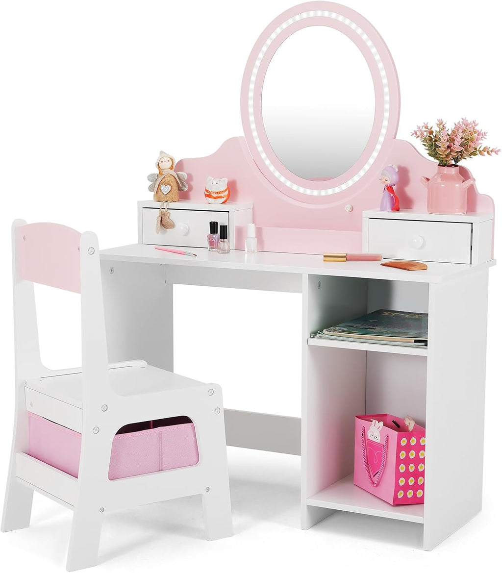 JOYLDIAS Kids Vanity Set with Lights, Pink Girls Vanity with Mirror and Chair, 2-in-1 Toddler Makeup Vanity Desk with 2 Drawers, Storage Cabinet & Shelves, Dressing Table for Kids Ages 3+