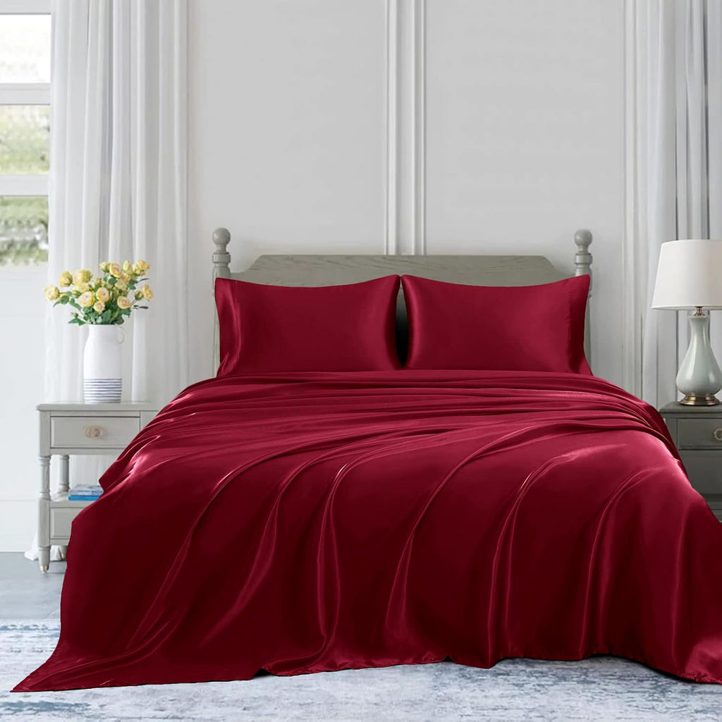 Twin XL Size 4-Piece Sheet Set Premium Mulberry Silk Bed Sheets Set Fits 14-16' Deep Pocket - Luxurious Soft Silk (Solid, Burgundy)