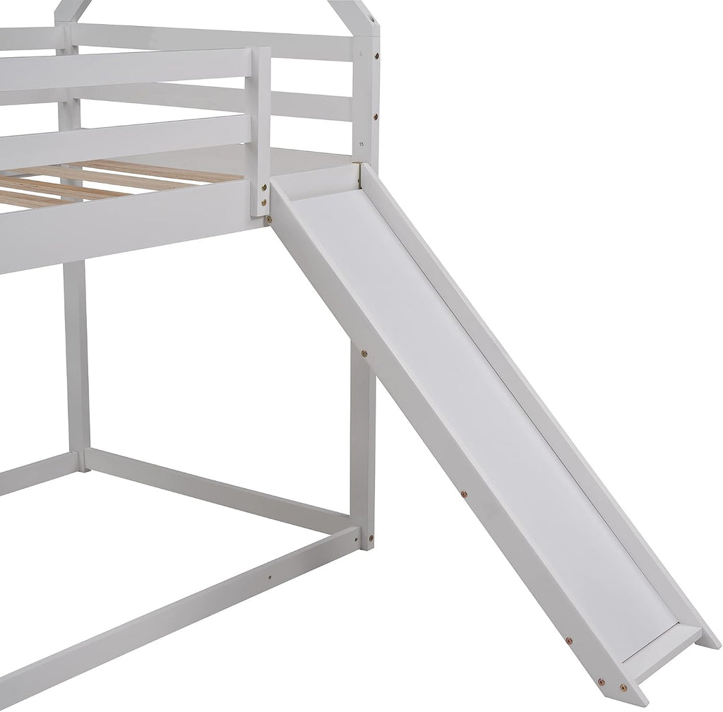 Bunk Bed for Kids Toddlers, Twin Over Twin House Shape Bunk Beds Frame with Slide, Can be Decorated Tent, Boys Girls Bedroom Dormitory Furniture (White-House Shape)