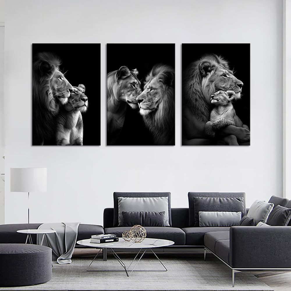 Black and White Lion Wall Art for Living Room Decor 3 Panels Wild Animals Pictures Wall Decor Modern Lion and Lioness Posters Prints Artwork, Framed 24' W x 36' H x 3pcs