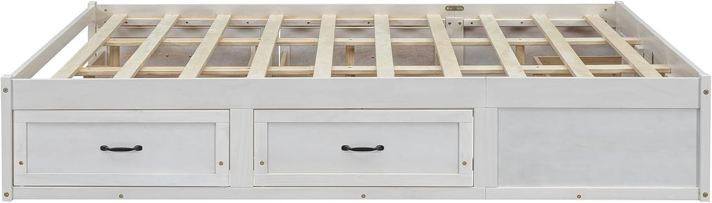 Queen Size Wooden Platform Bed with 6 Storage Drawers, No Box Spring Needed (Antique White, Queen)