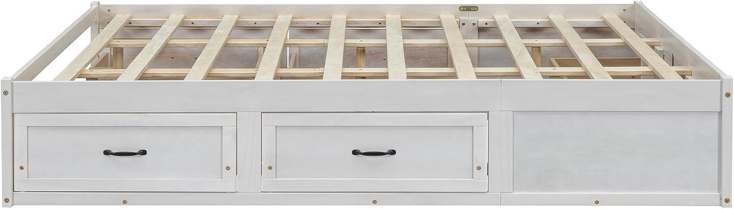 Queen Size Wooden Platform Bed with 6 Storage Drawers, No Box Spring Needed (Antique White, Queen)