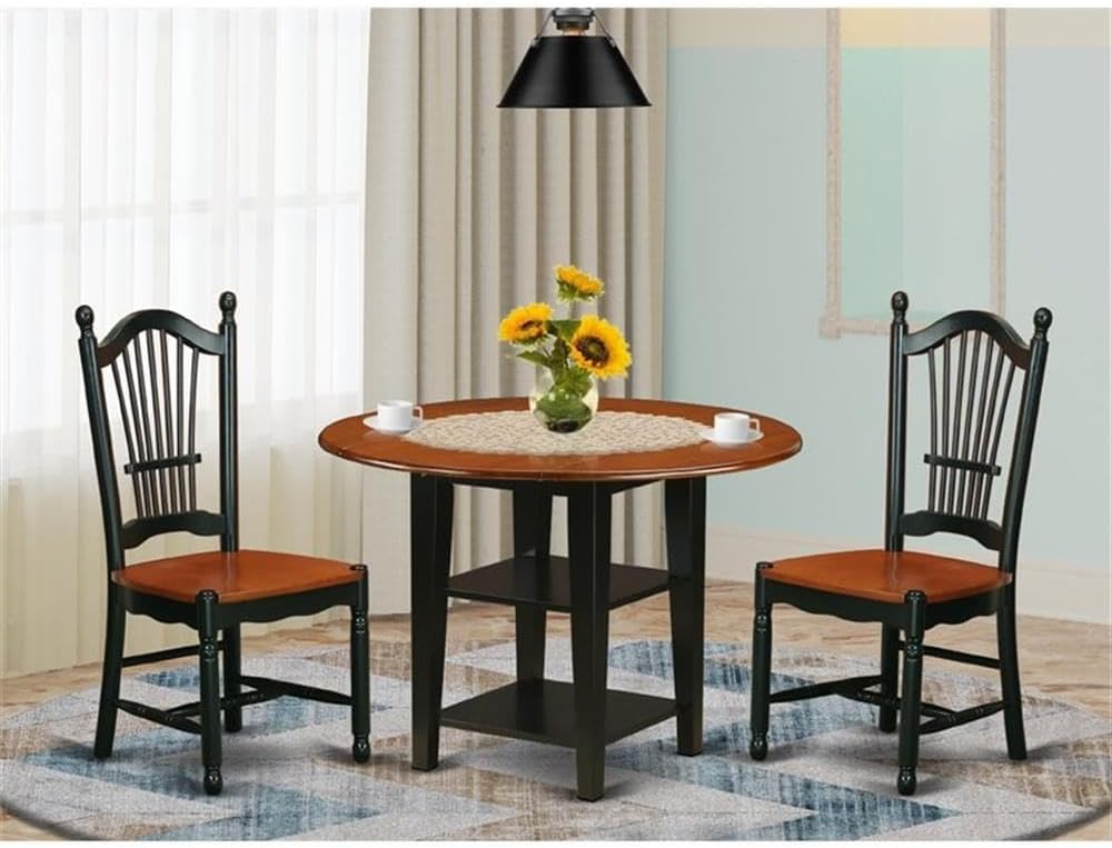 East West Furniture SUDO3-BCH-W 3 Piece Dining Set Contains a Round Dining Table with Dropleaf & Shelves and 2 Kitchen Chairs, 42x42 Inch, Black & Cherry