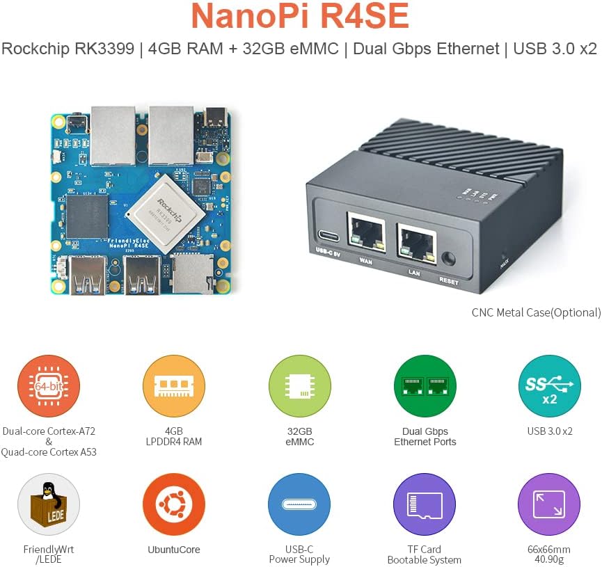Nanopi R4SE Computer Mini WiFi Router OpenWRT - Dual 2.5G Gbps Ethernet - 4GB LPDDR4 RAM 32GB eMMC - Rockchip RK3399 SoC for IoT NAS Smart Home Gateway Support Linux Ubuntu (with MAC Chip)