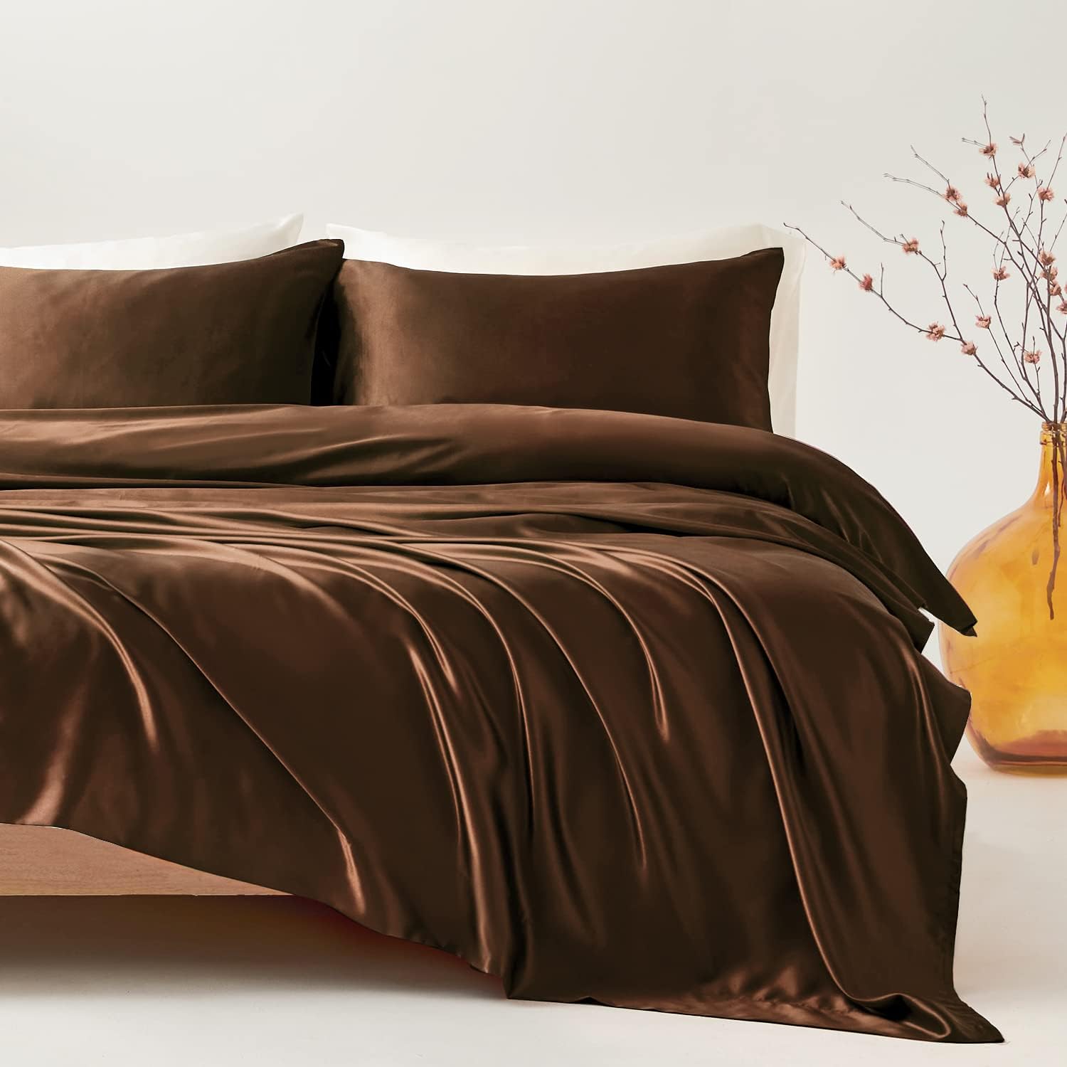 Twin XL Size 4-Piece Sheet Set Premium Mulberry Silk Bed Sheets Set Fits 14-16' Deep Pocket - Luxurious Soft Silk (Solid, Chocolate)