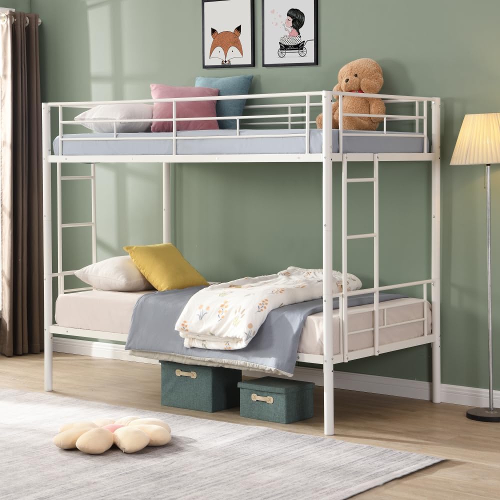 BUNK Bed Pink Twin Over Twin (White + Metal)