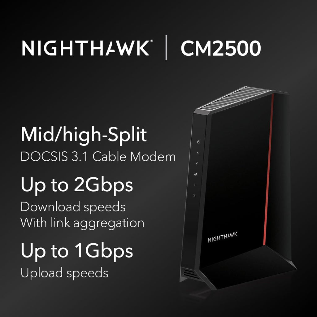 NETGEAR Nighthawk DOCSIS 3.1 Mid/high-Split Cable Modem (CM2500-1AZNAS) – Approved for Today's Faster Speeds - Works with All Cable Providers Incl. Xfinity, Spectrum, Cox - Plans up to 2Gbps