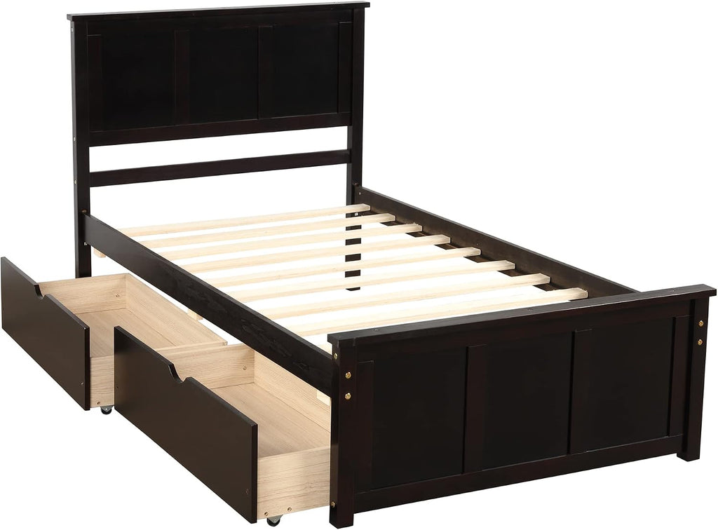 Twin Platform Bed with 2 Drawers and Headboard, Solid Wooden Twin Size Bed Frame with Storage and Wood Slats, Twin Size Platform Bed for Kids,Teens,Adults (Espresso)