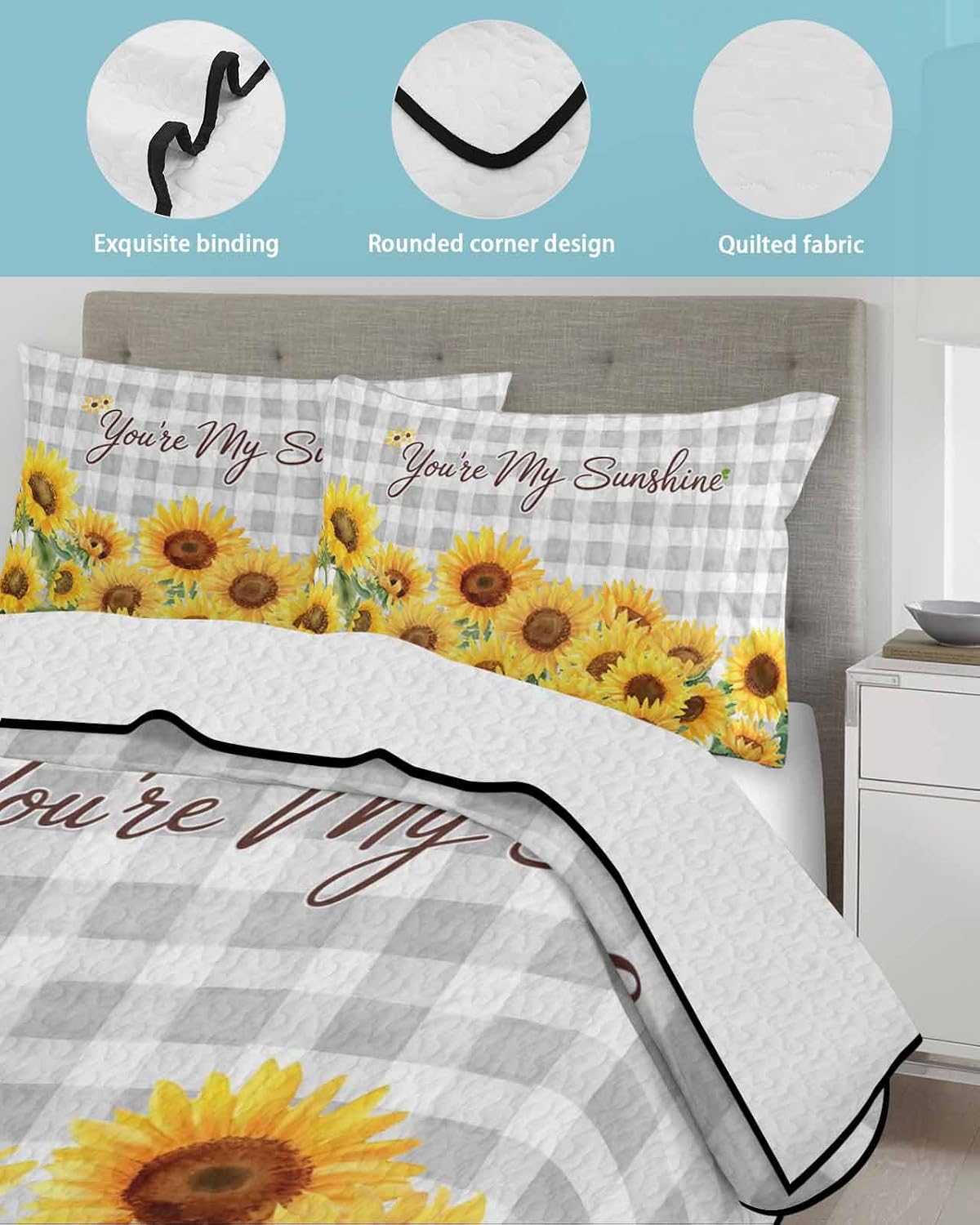 Quilt King Size Bedding Set, Yellow Sunflowers Lightweight Summer Quilt 3 Pieces Bedding Sets, Summer Floral Elegant Pastoral Checkered Reversible Soft Bedspreads Coverlets with 2 Pillow Shams