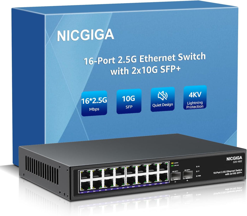 16 Port 2.5G + 2 Port 10G SFP+ Ethernet Switch, NICGIGA 18 Port 2.5Gb Network Switch Unmanaged, Plug & Play, Desktop or 19-inch Rack Mount, Fanless Metal Design.