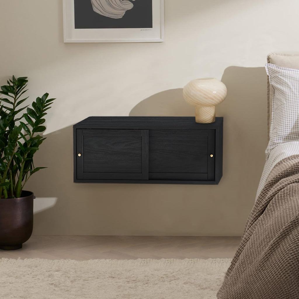 mopio Lauren Floating TV Shelf, Multi-Purpose Modular Under TV Display Shelf, Wall Mounted Wood Television Cabinet, Nightstand, Side Table, End Table, Bedside Shelves for Bedroom (Black, 31', Single)