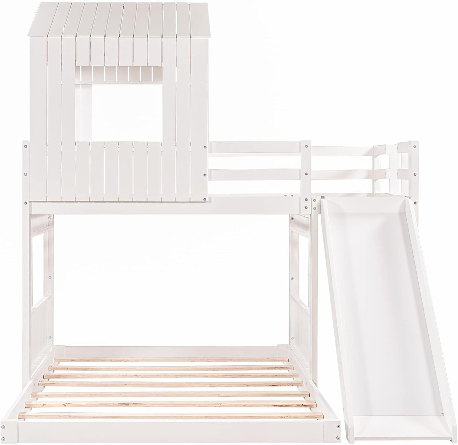 Twin Over Full Bunk Beds with Slide for Kids Toddlers, Play Farm House Roof Window Guardrail Ladder, for Girls Boys, No Spring Box Required (White-Slide-Twin-Full)