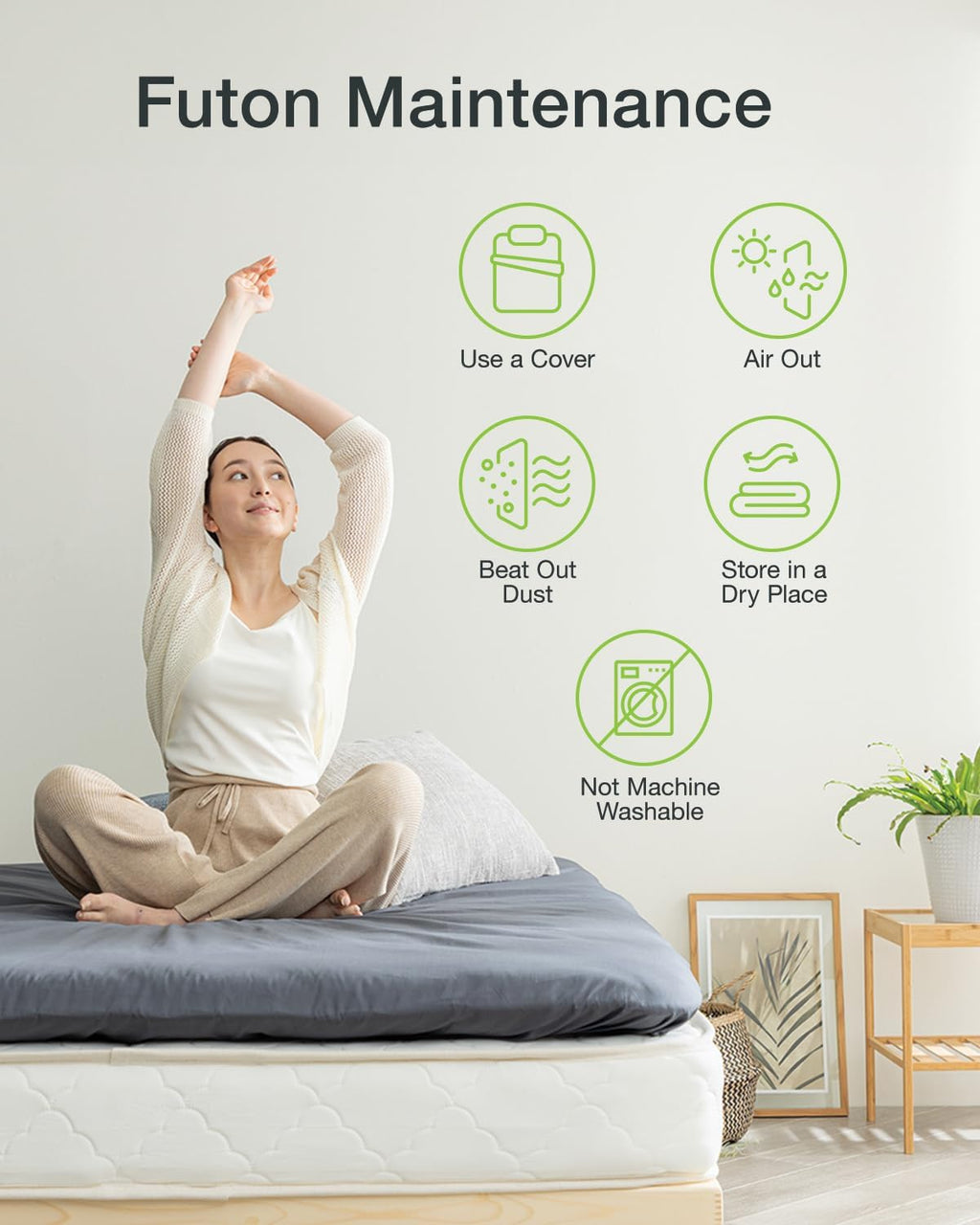 FULI Japanese Futon, Twin Size, White - Foldable Shikibuton Floor Bed - Medium Firm Quilted Cotton Sleeping Pad, Portable Roll-Up Japanese Floor Bed for Guests & Small Spaces
