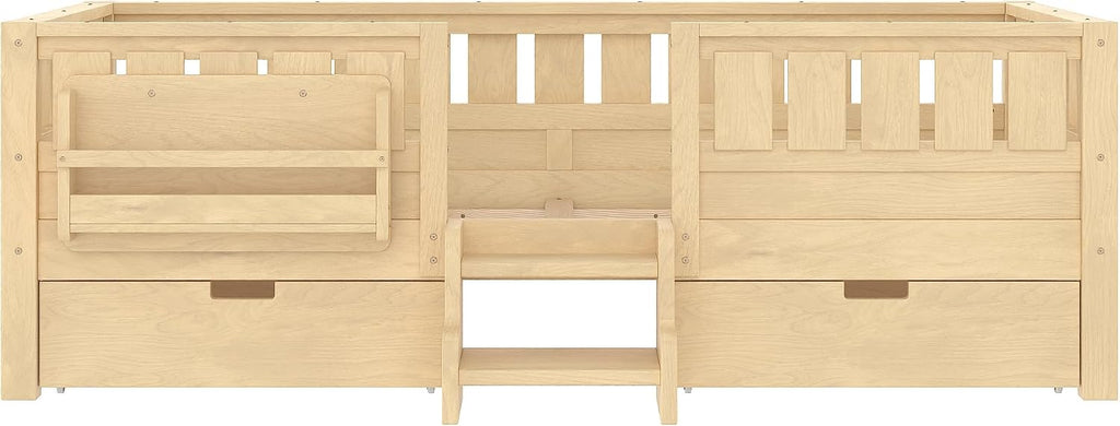 Bellemave Twin Size Kids Montessori Bed with Stairs and Bookshelf,Solid Wood Twin Size Kids Bed Frame with Drawers and Storage for Girls Boys,Low-Profile,Light Natural