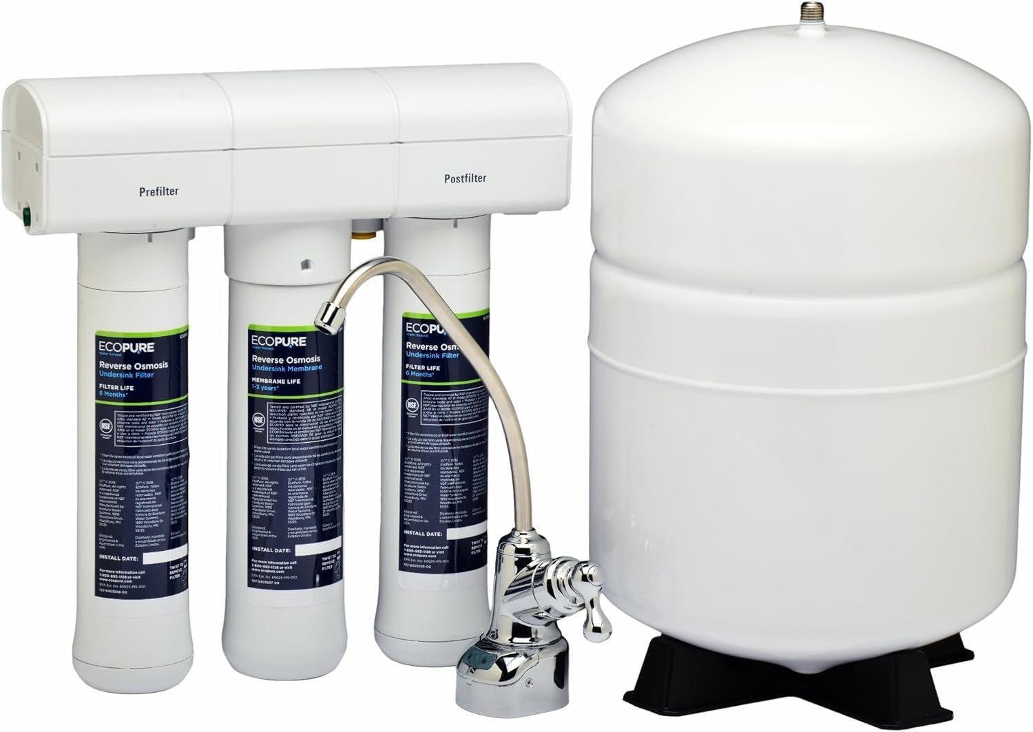 EcoPure Reverse Osmosis Filter and Membrane Set - Includes Membrane ECOROM and Pre/Post Filter Set ECOROF - Plus Reminder Tag - NSF Certified Authentic OEM Parts for ECOP30 RO Unit - EcoPure Only