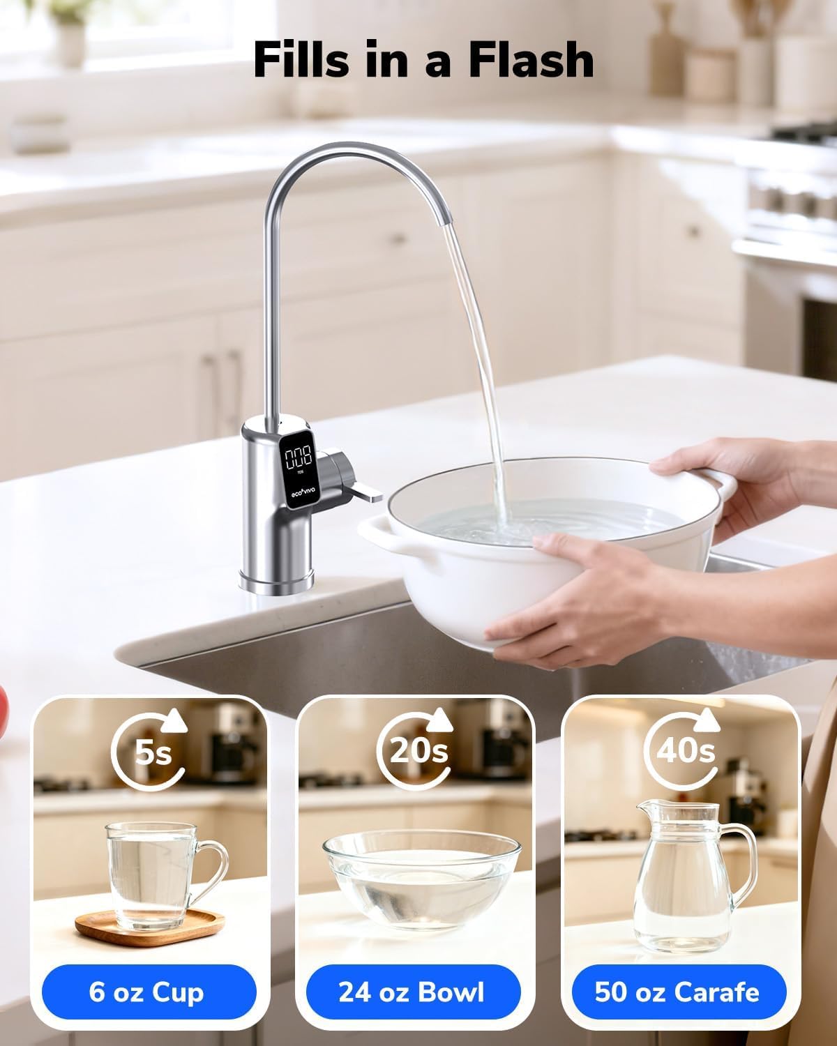 Ecoviva E8 800 GPD Reverse Osmosis Water Filter, 9-Stage Filtration RO System, Undersink Water Purifier, Reduces TDS, 2.5:1 Pure to Drain, Tankless, LED Smart Faucet