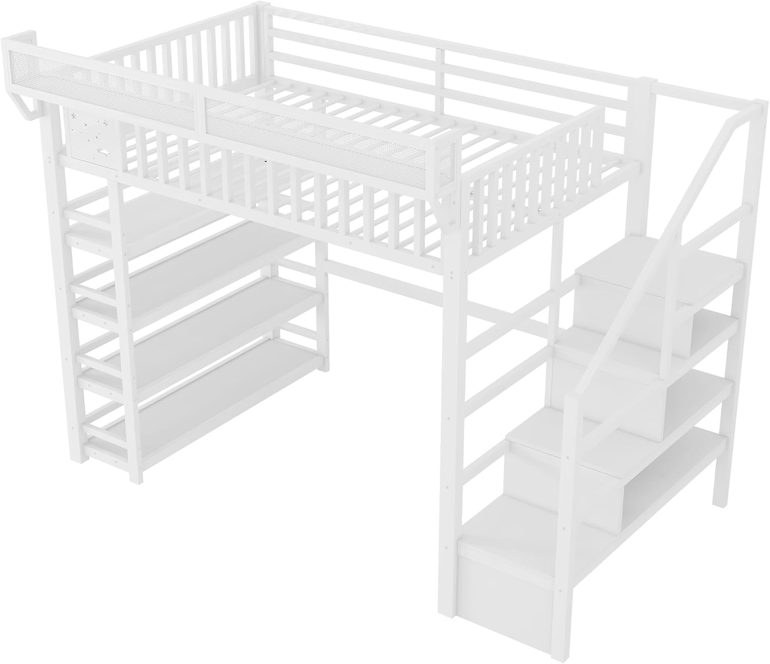 JIVOIT Metal Full Loft Bed with 4 Shelf Storage Rack, Stairs Storage, Open Shelves for Upper, Space-Saving Full Loft Bed with Guardrails and Metal Slats Support for Kids Teens (White/1)