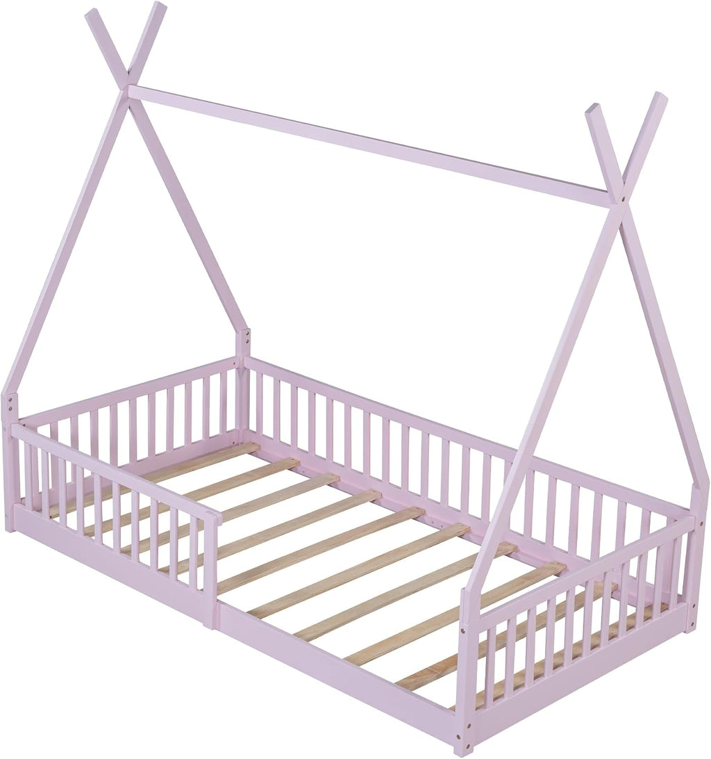 JIVOIT Twin Size Wood House Bed with Fence, House Platform Bed with Roof, Twin Montessori Bed Frame, Wood Slats Support, No Box Spring Needed (Pink/74)
