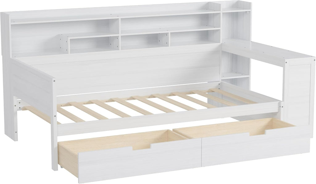 Mirightone Corner Twin Bed Frame with Bookcase Storage and Desk, Wood Day Beds with 2 Drawers, Twin Size Daybed with Storage for Living Room,Bedroom & Guest Room, White
