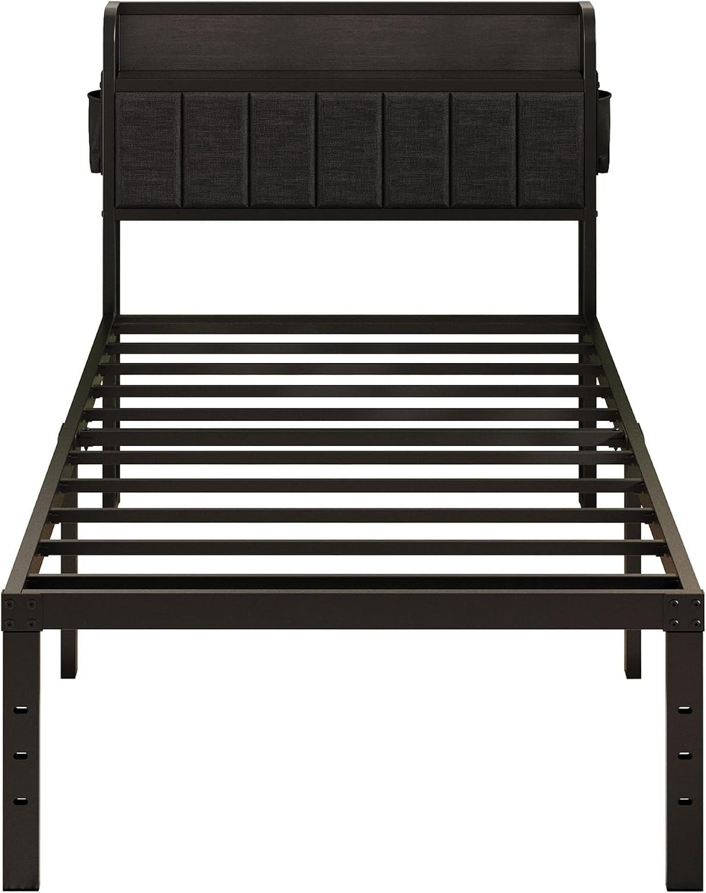 Lutown-Teen 16 Inch Twin Bed Frames with Upholstered Storage Headboard, Sturdy Single Bed Frame, No Box Spring Needed Twin Platform, Black