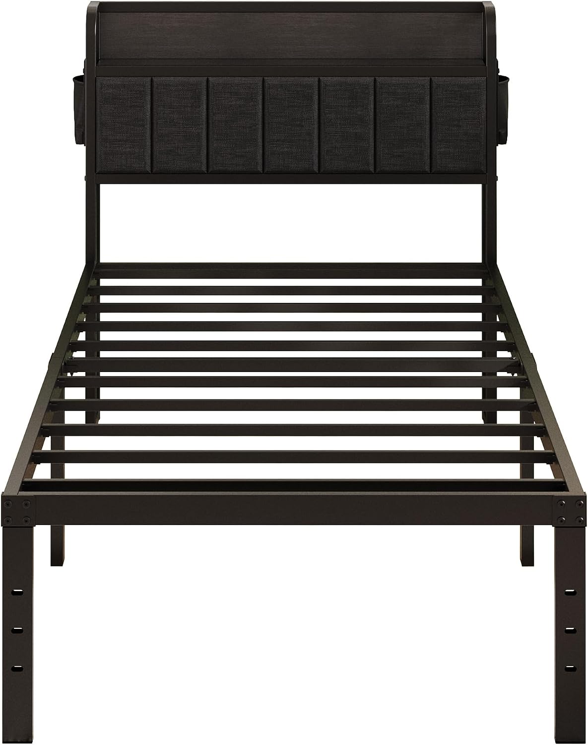 Lutown-Teen 16 Inch Twin Bed Frames with Upholstered Storage Headboard, Sturdy Single Bed Frame, No Box Spring Needed Twin Platform, Black