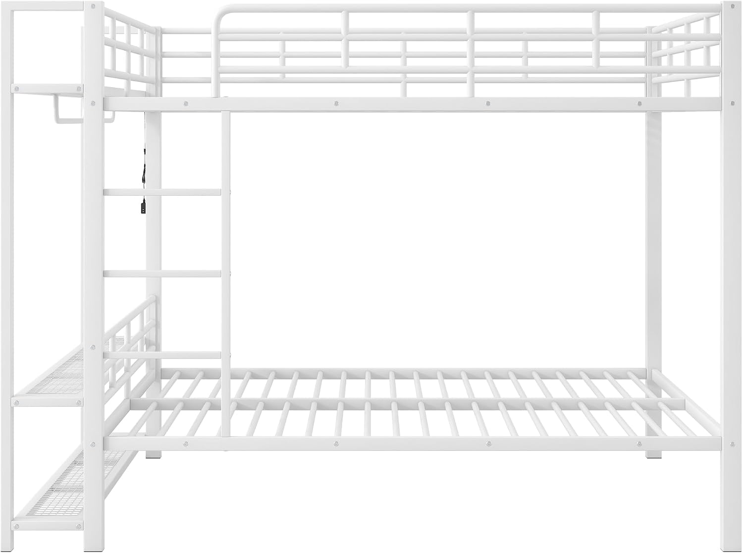 Metal Bunk Bed with Storage Mesh Shelves and Clothes Hooks, Open Storage Shelves, Full Size Bunk Bed with Full-length Reinforced Guardrails for Teens and Adults, No Box Spring Needed (White//96)