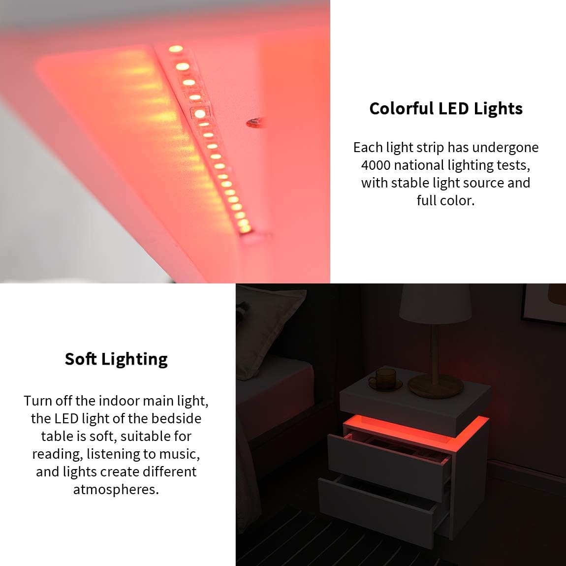 Nightstand LED Lights with 2 Drawers for Bedroom, Smart End Table Short Bedside Tables, Modern Side Table with Storage Small Shelf Stand Cabinet Lights End Side, White