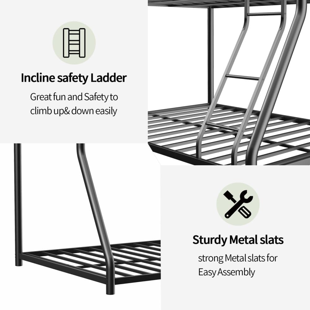 Twin Over Full Metal Bunk Bed, with Ladder & Full-Length Guardrail for Teens Adults, Noise Free (Black + Metal + Twin)