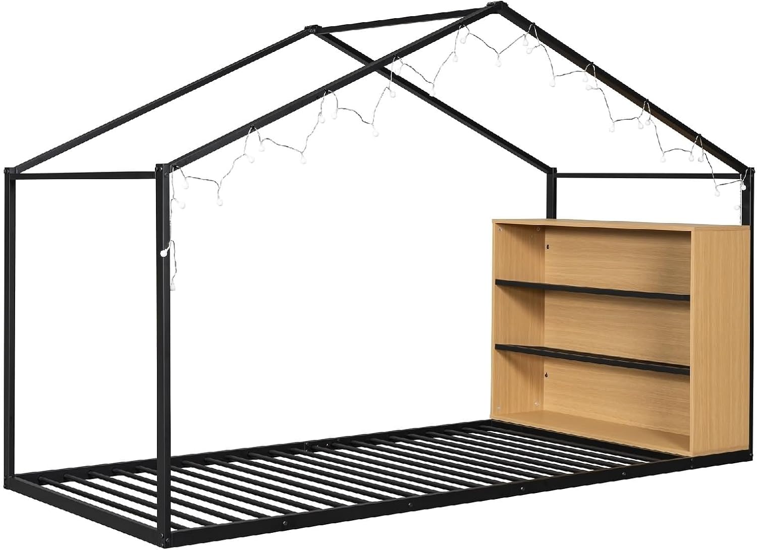 Bed Twin Size Set, Black Bed Frames with Shelves and Lights Metal & Wood 79.9' L x 40.6' W x 59.8' H