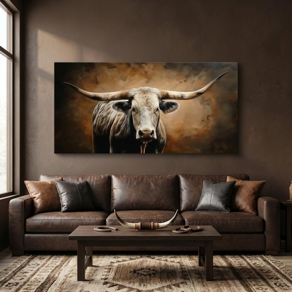 ZESTRILIA Brown Rustic Longhorn Bull Wall Art Modern Canvas Painting Prints Artwork Office Hallway Bedroom Living Room Decor (58x28 Inches)