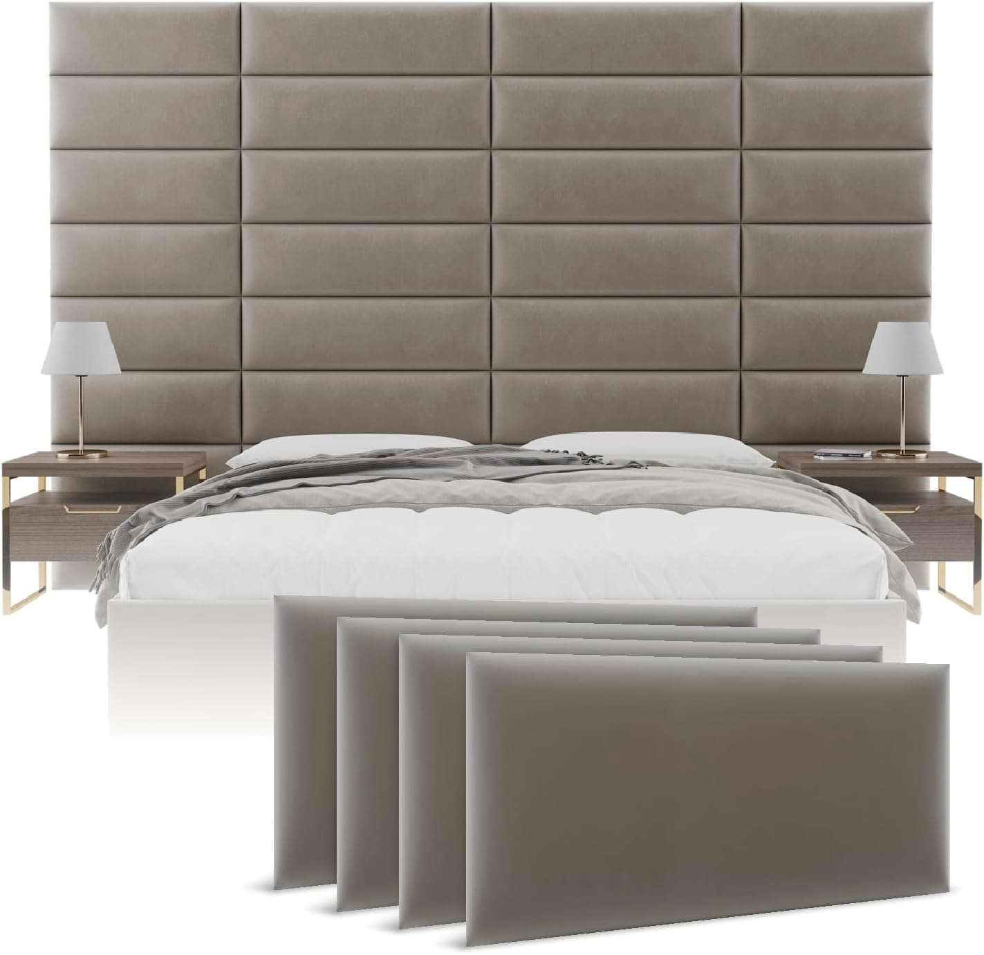 Vänt Upholstered Wall Panels - King/Cal King Size Wall Mounted Velvet Headboards - Velvet Sand Storm - Twin/King - Set of 4 Panels (Each Individual Panel 39'x11.5')
