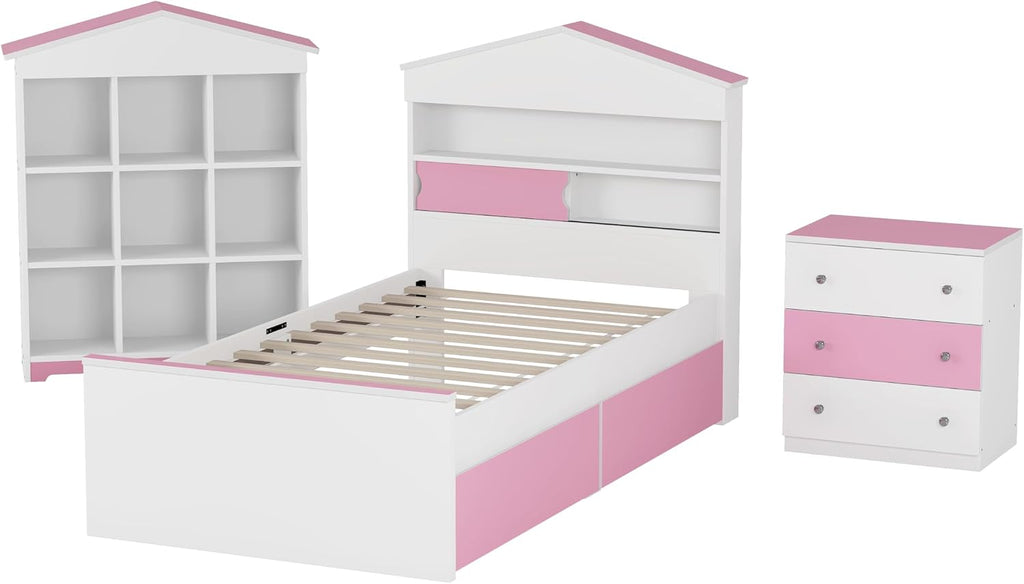3 Pcs Bedroom Sets, Twin Size House Shaped Wooden Bed with Storage Drawers, Nightstand with Colorblock Design and House Shaped Stroage Rack, Pink+White