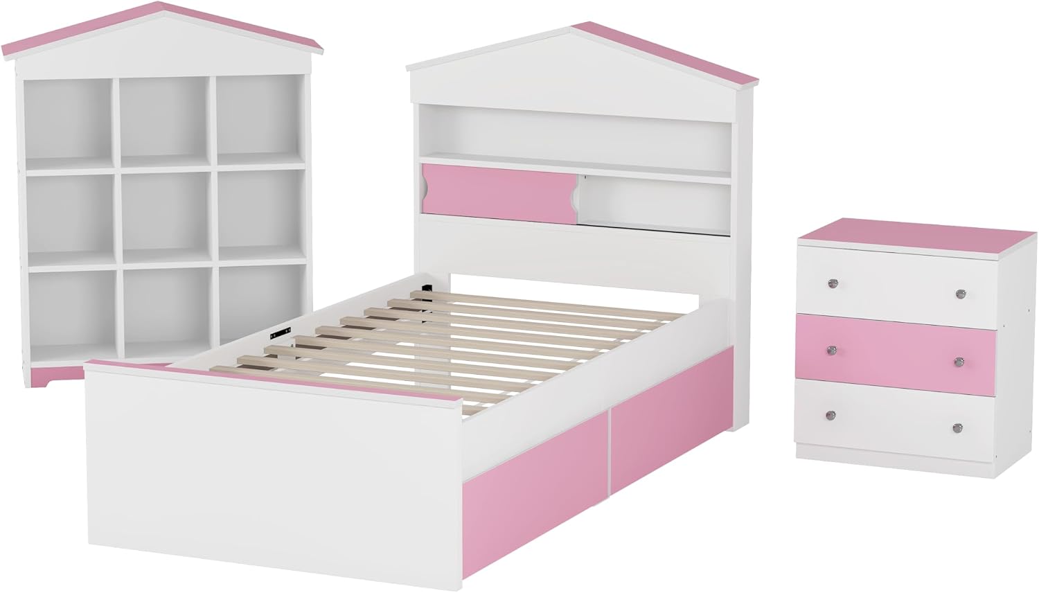 3 Pcs Bedroom Sets, Twin Size House Shaped Wooden Bed with Storage Drawers, Nightstand with Colorblock Design and House Shaped Stroage Rack, Pink+White
