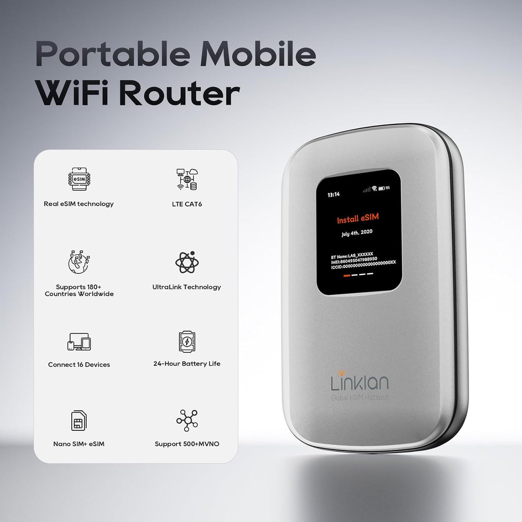 eSIM Global WiFi Hotspot, 16-Device 4G LTE for 180+ Countries, No SIM/Contract, Compact Travel Router, Compact Wireless Router for International Travel & Business【Free 5GB US Data for 15 Days】