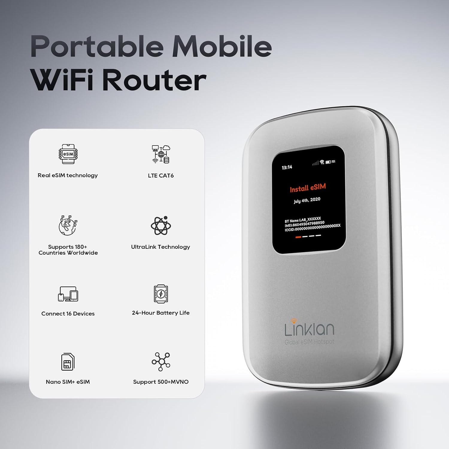 eSIM Global WiFi Hotspot, 16-Device 4G LTE for 180+ Countries, No SIM/Contract, Compact Travel Router, Compact Wireless Router for International Travel & Business【Free 5GB US Data for 15 Days】