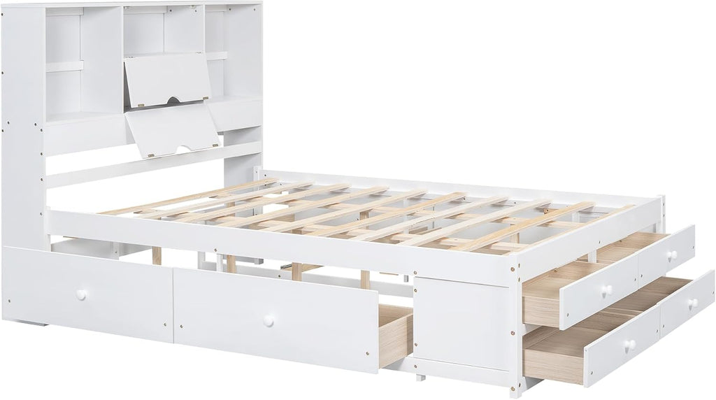 Queen Size Wood Platform Bed with 8 Storage Drawers and Bookcase Headboard for Bedroom (White, Queen)