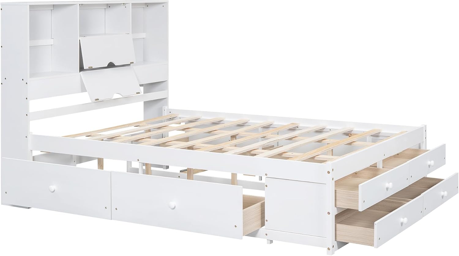 Queen Size Wood Platform Bed with 8 Storage Drawers and Bookcase Headboard for Bedroom (White, Queen)